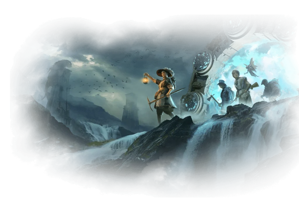 Concept Art do jogo Nightingale, demonstrando vários personagens armados e equipados com itens do com temática steampunk, em frente a um portal.