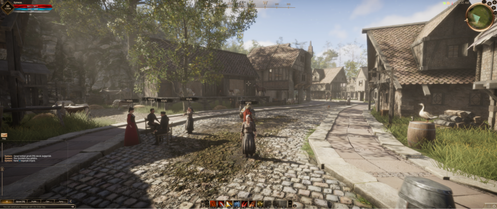 Screenshot ambiente de vilarejo com alguns NPCs em atividade no vilarejo, ambiente claro com casas antigas estilo europeias