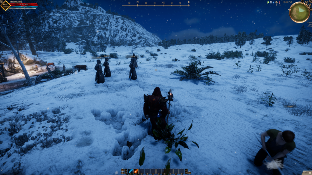 Screenshot de personagem e NPCs em uma área de neve, um dos biomas do MMO The Quinfall