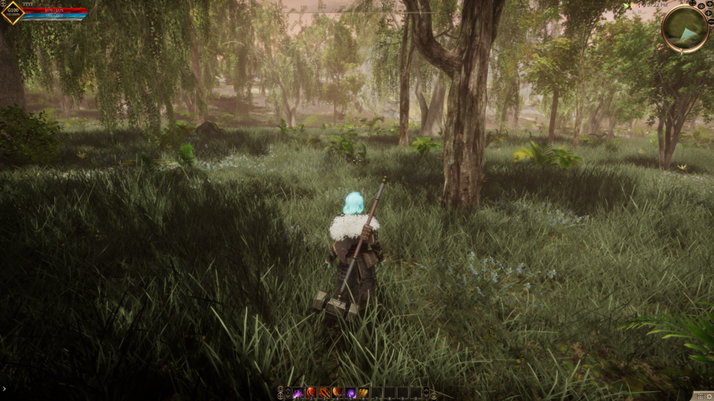 Screenshot de um ambiente florestal de grama rasteira e muitas arvores ao redor com um personagem carregando um martelo nas costas como sua arma. no MMO The Quinfall