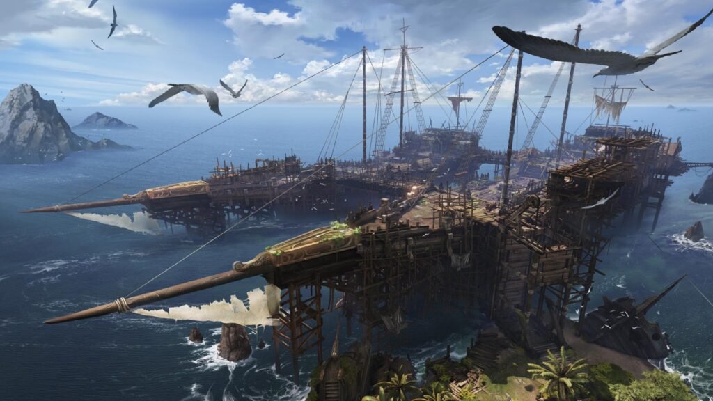 Screenshot da area inicial do Lost Ark demonstrando uma illha com embarcações, passaros voando como um ambiente calmo e tranquilo.