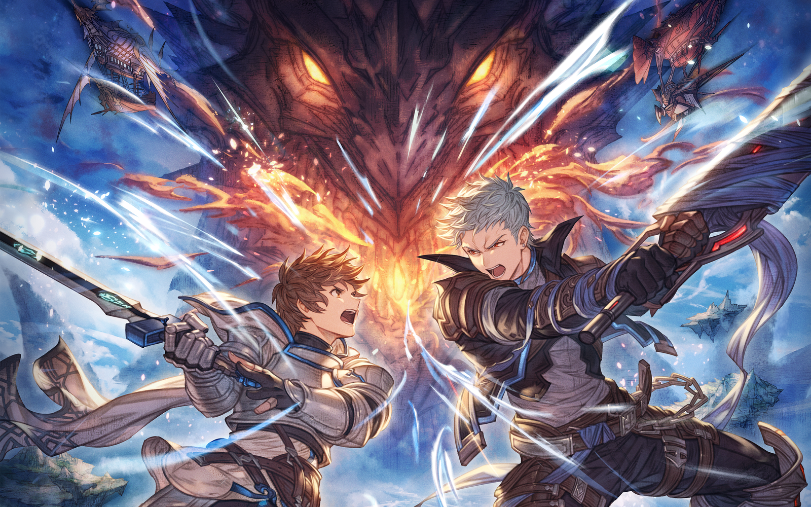 Personagens de Granblue Fantasy Relink demonstr ando combate com Bahamut no fundo