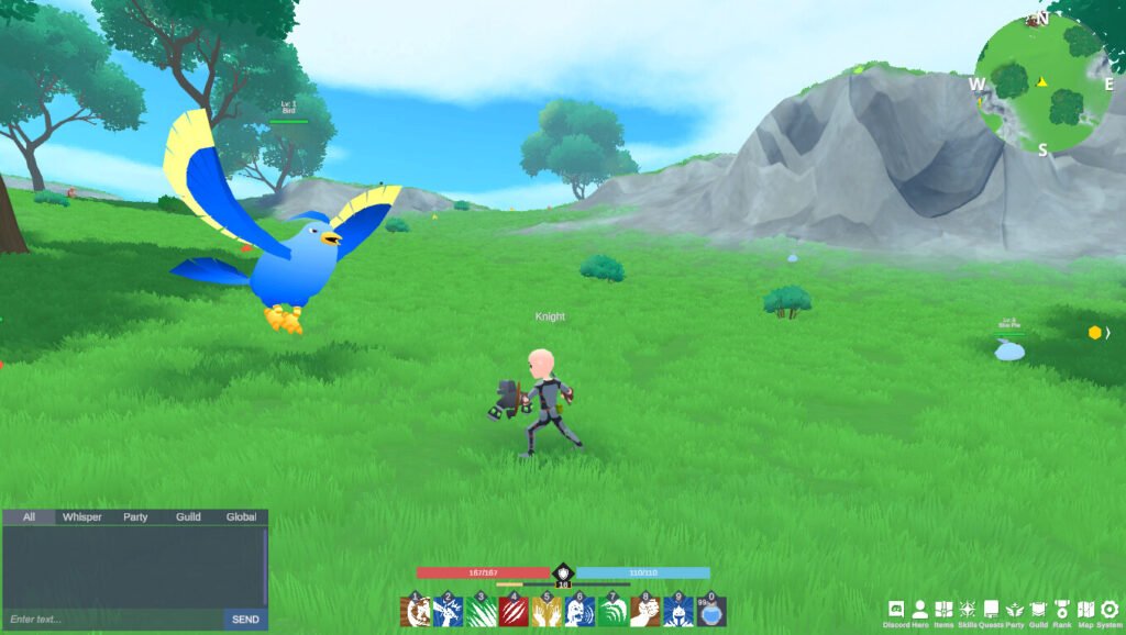 Screenshot da gameplay de um personagem knight de Elemental Land em mundo aberto lutando contra um pássaro azul. Jogo está na Steam Next Fest.