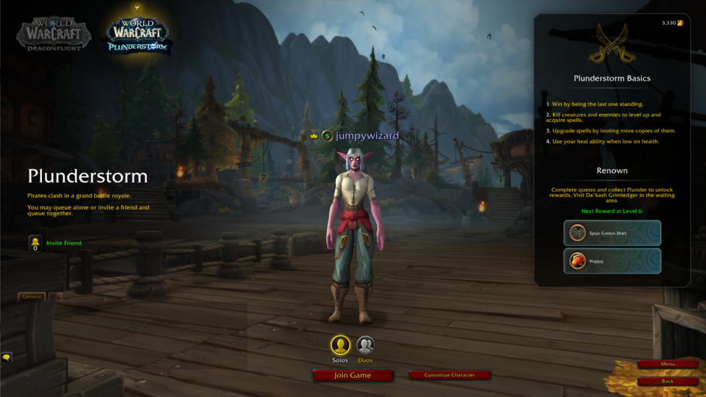 Tela de seleção do modo Battle Royale Plunderstorm do World of Warcraft