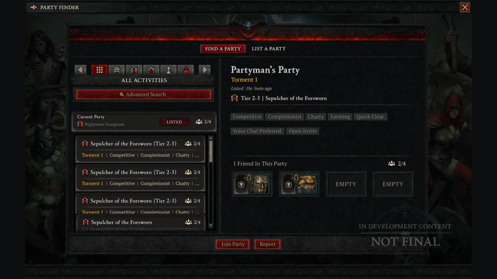 Sistema de Party Finder Diablo IV